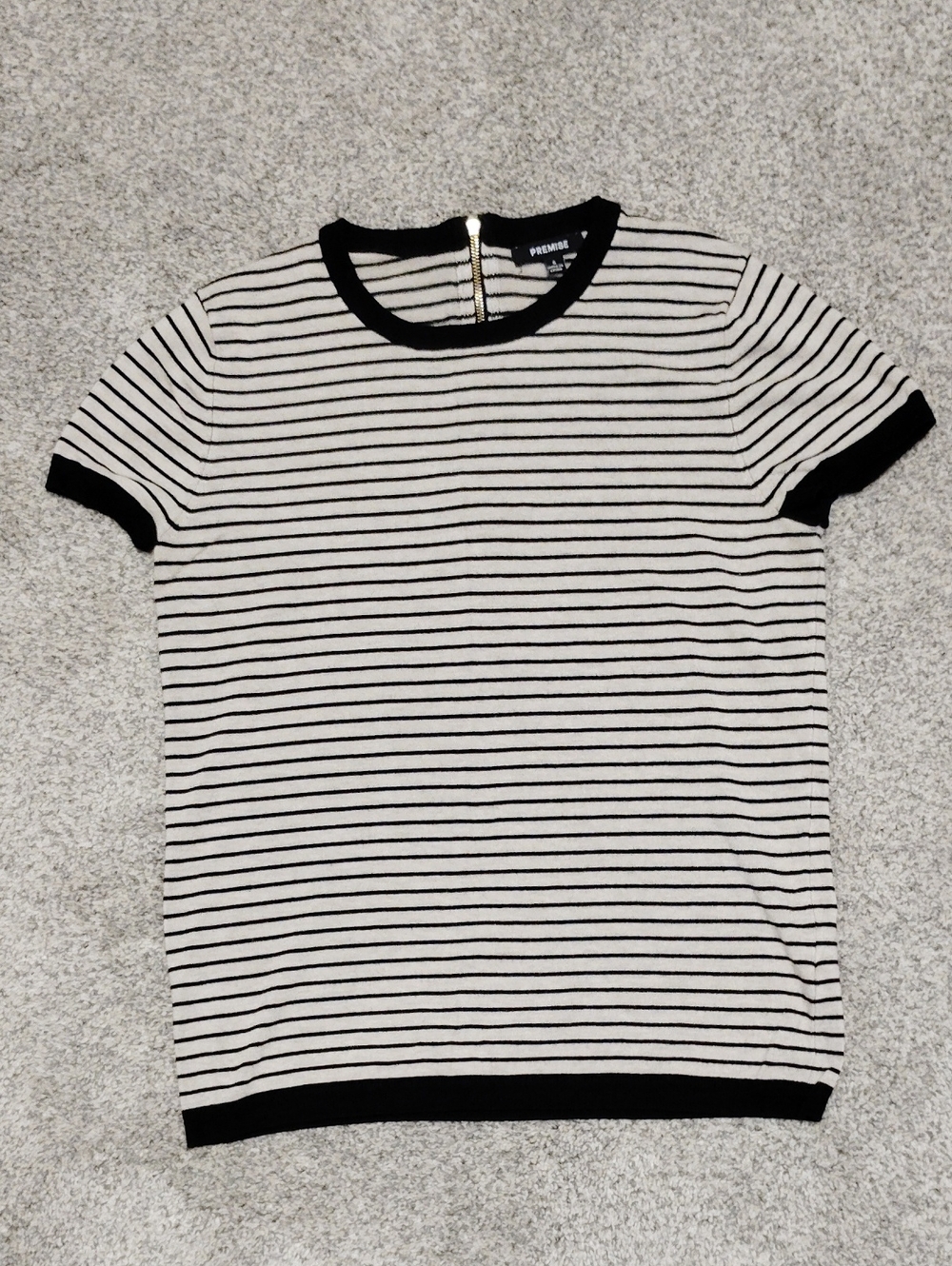 Premise Black & White Striped Crewneck Knit Top with Back Zip